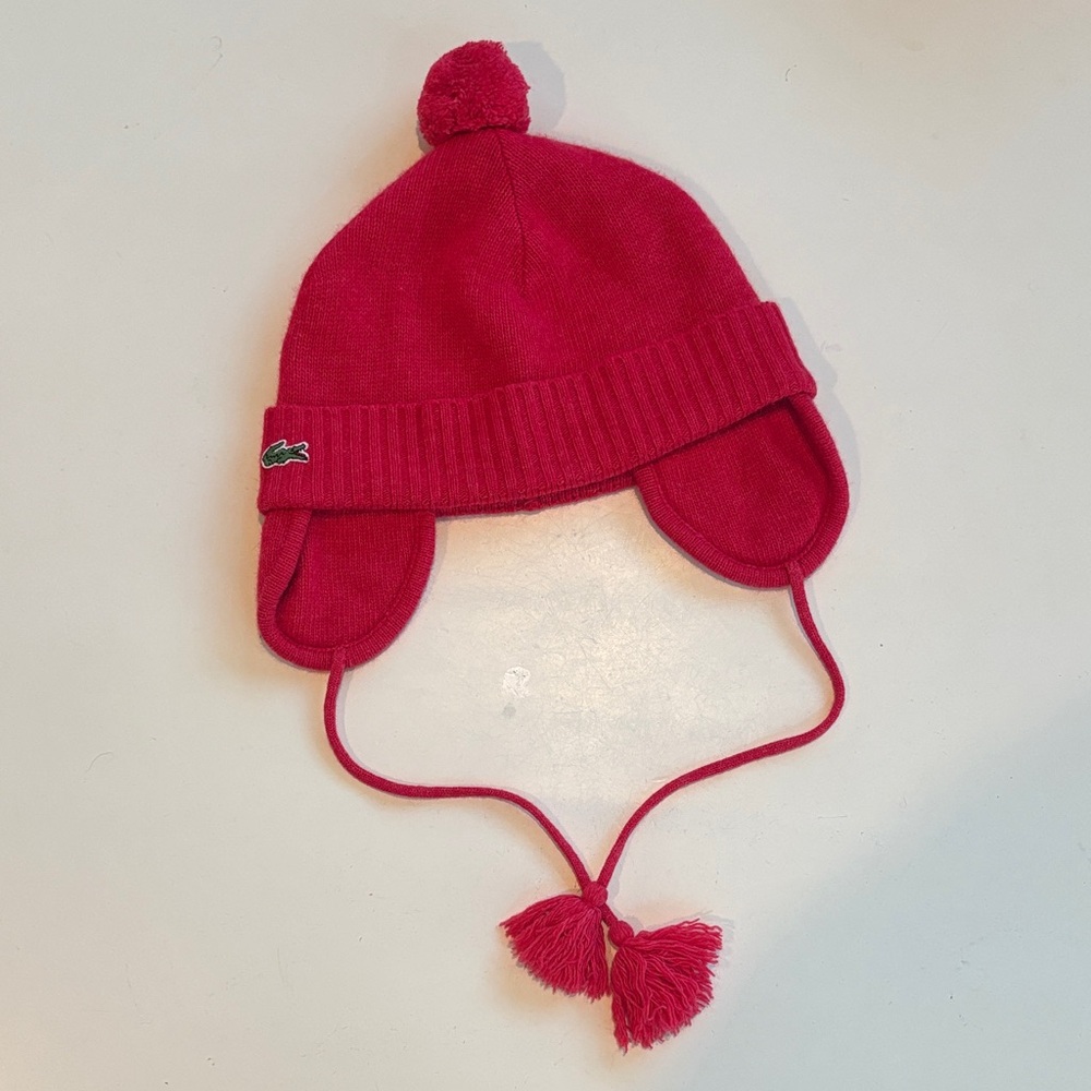 Lacoste Knit Bright Red Pom-Pom Ear Flap Hat